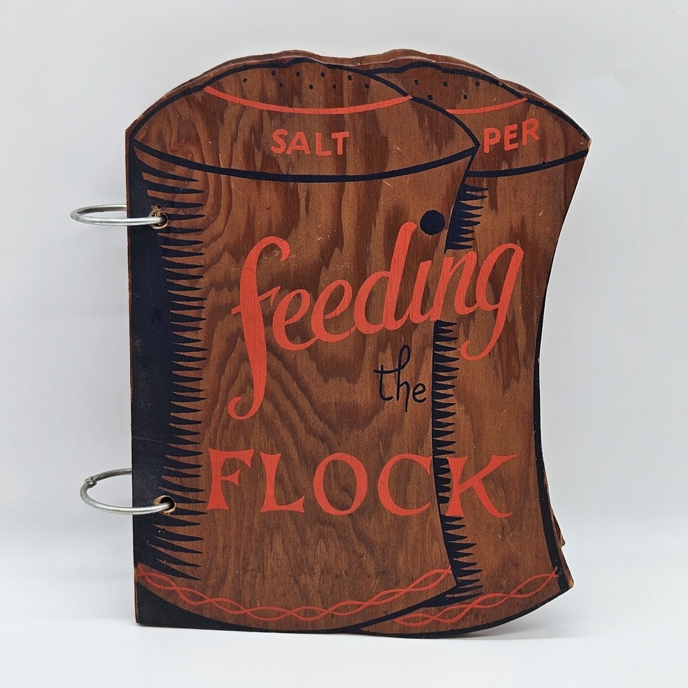 VTG 1954 "Feeding the Flock" Wooden Cover Cookbook MCM Religion Church Printed